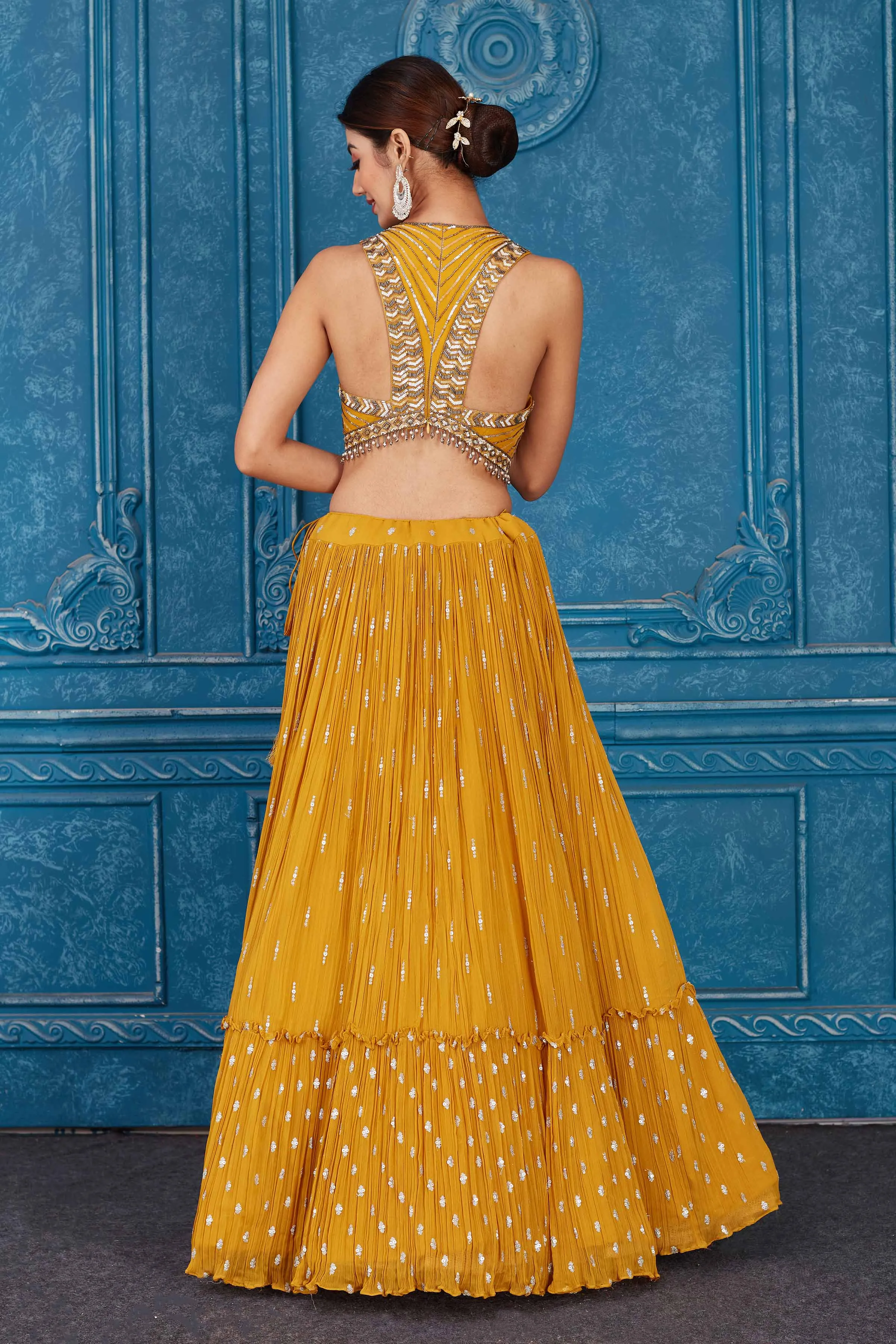 510096 Mustard Embroidered Georgette Lehenga with Dupatta