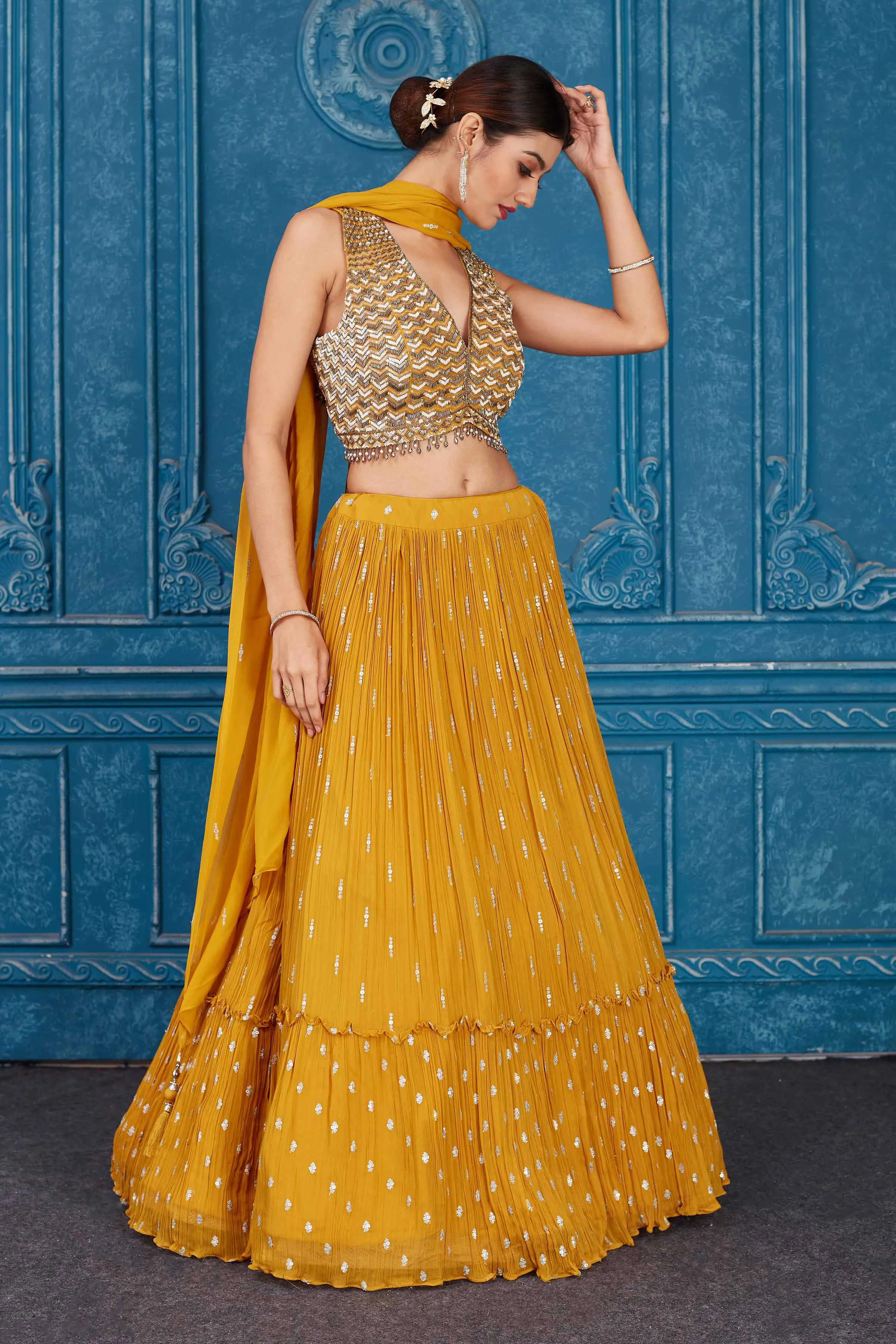 510096 Mustard Embroidered Georgette Lehenga with Dupatta