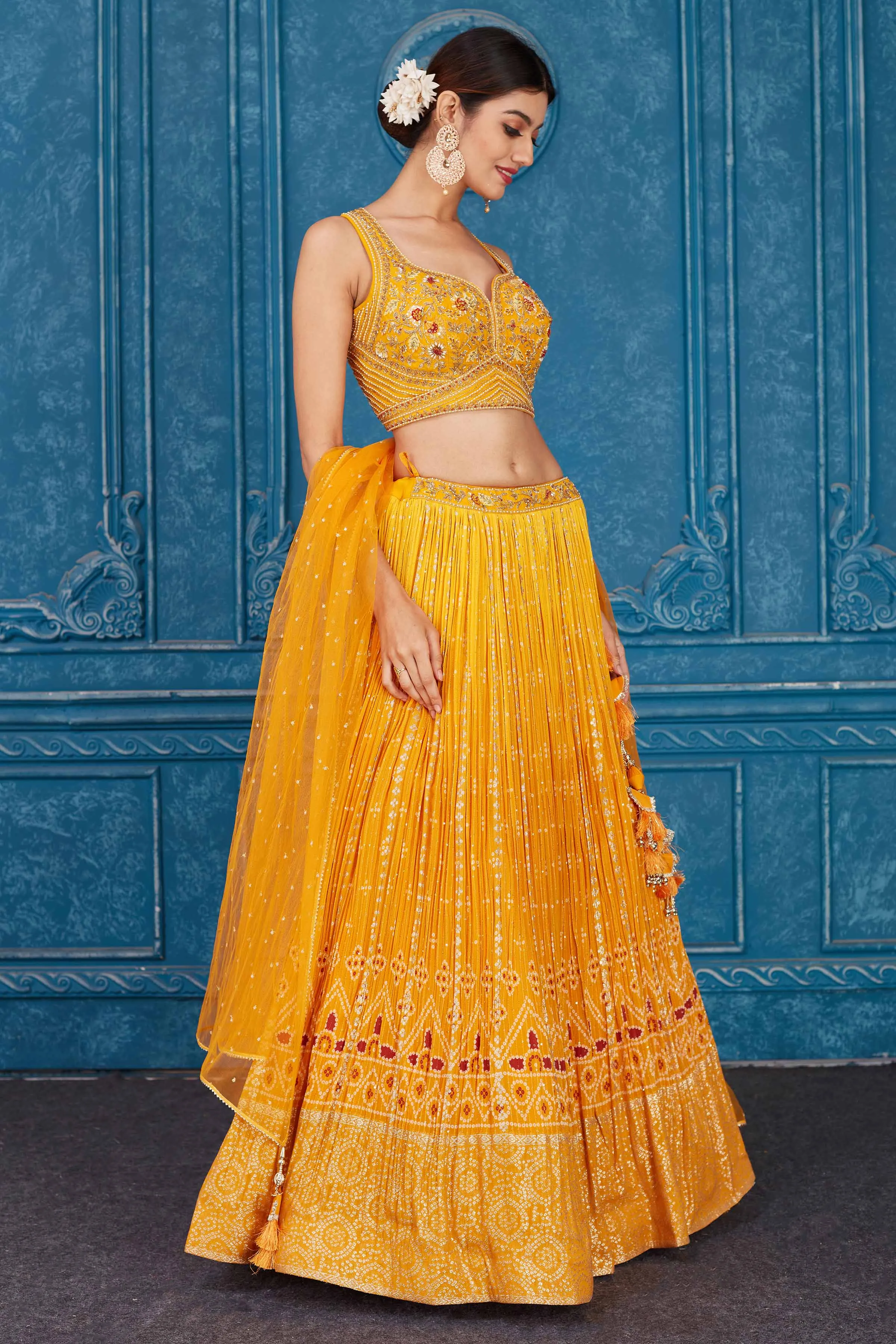 510097 Mustard Embroidered Designer Georgette Lehenga with Dupatta