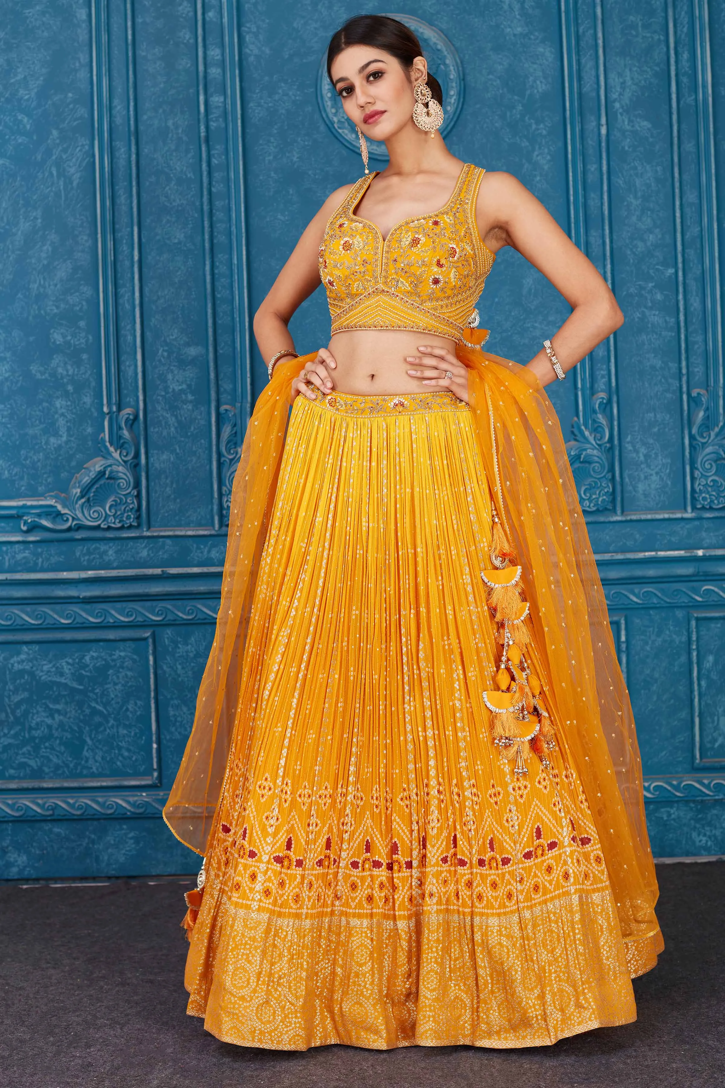 510097 Mustard Embroidered Designer Georgette Lehenga with Dupatta