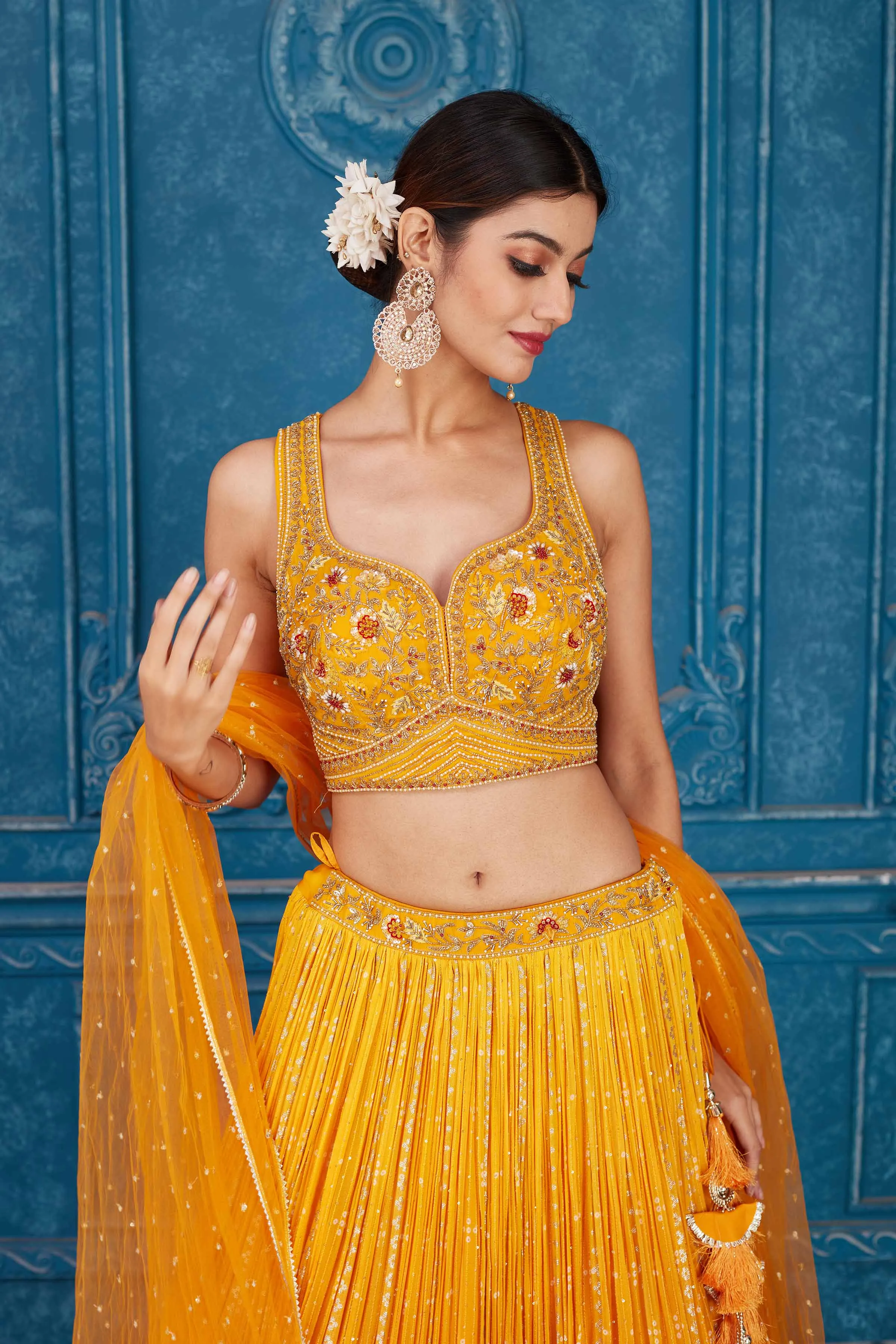 510097 Mustard Embroidered Designer Georgette Lehenga with Dupatta