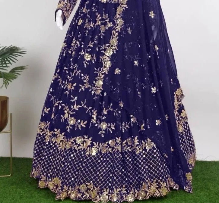 Appealing Darkblue Color Designer Georgette Sequins Embroidered Lehenga Choli With Fancy Net Dupatta