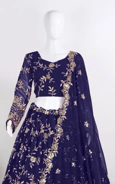 Appealing Darkblue Color Designer Georgette Sequins Embroidered Lehenga Choli With Fancy Net Dupatta