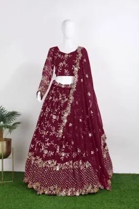 Appealing Maroon Color Designer Georgette Sequins Embroidered Lehenga Choli With Fancy Net Dupatta