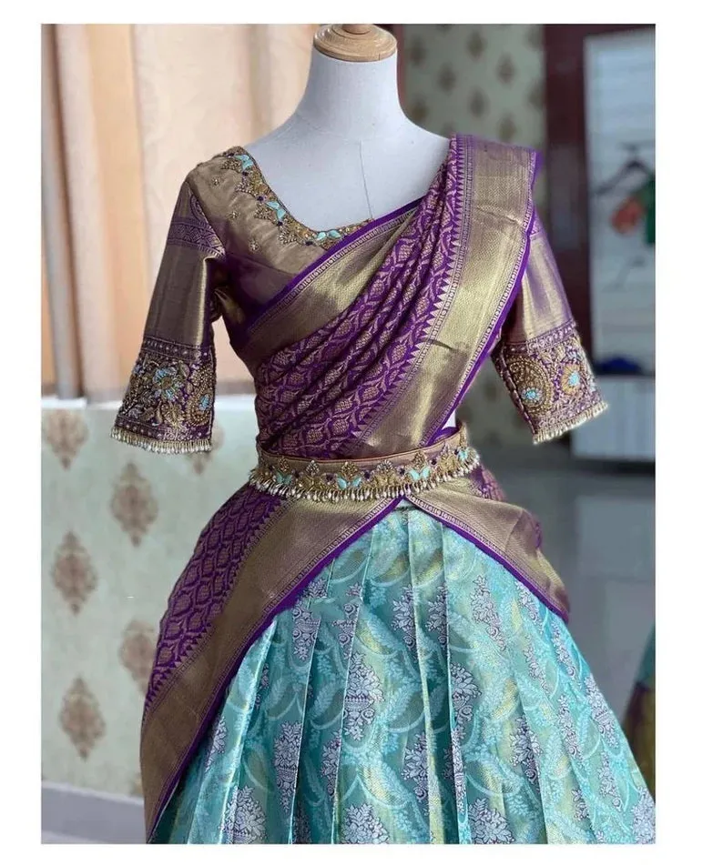 Attractive Designer Kanjeevaram Silk Half Saree wedding Wear Lehenga Choli With Banarasi Dupatta