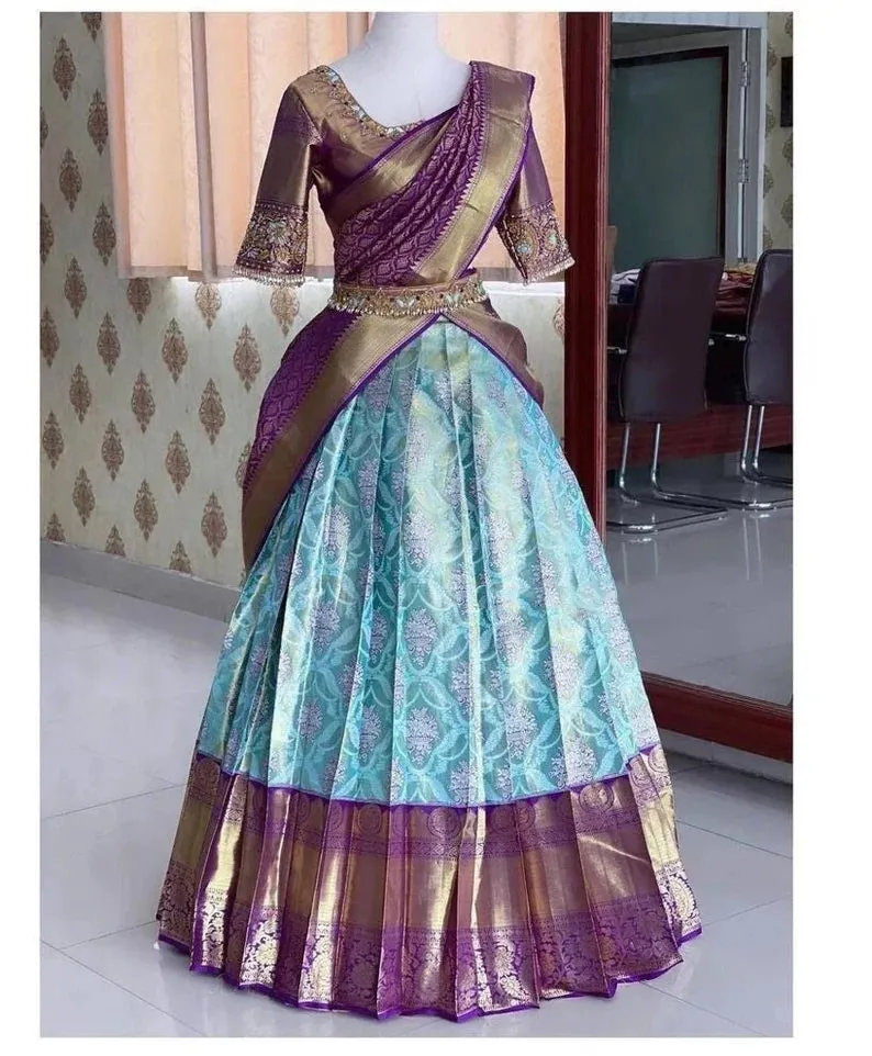 Attractive Designer Kanjeevaram Silk Half Saree wedding Wear Lehenga Choli With Banarasi Dupatta