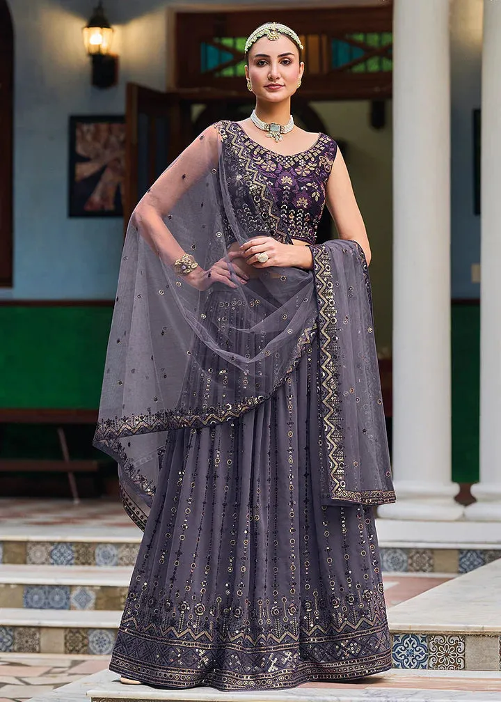 Attractive Purple Colored Georgette Lehenga Choli With Embroidery Work