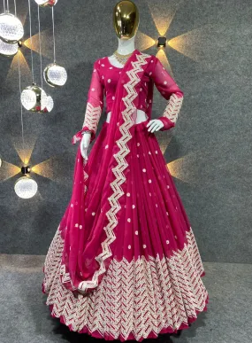 Attractive Rani Pink Color Embroidery Party Wear Georgette Lehenga choli With Mirror Work Border