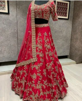 Attractive Red Color Designer Embroidered Satin Silk Lehenga Choli For Women