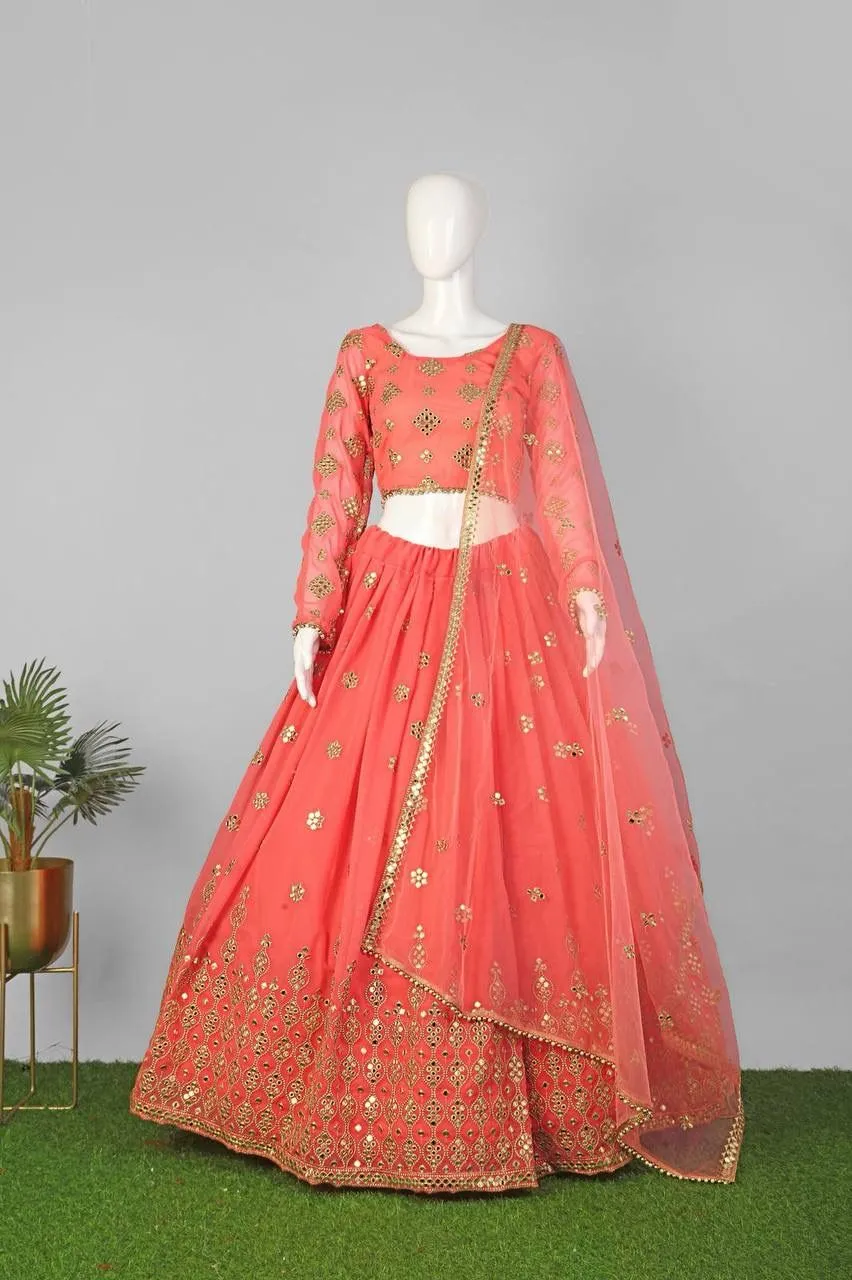 Attractive Salmon Colored Georgette Lehenga Choli For Wedding