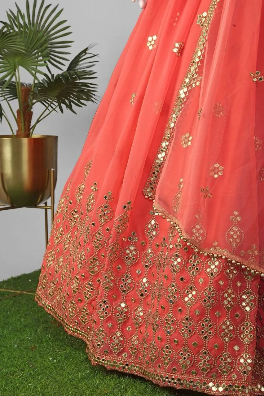 Attractive Salmon Colored Georgette Lehenga Choli For Wedding