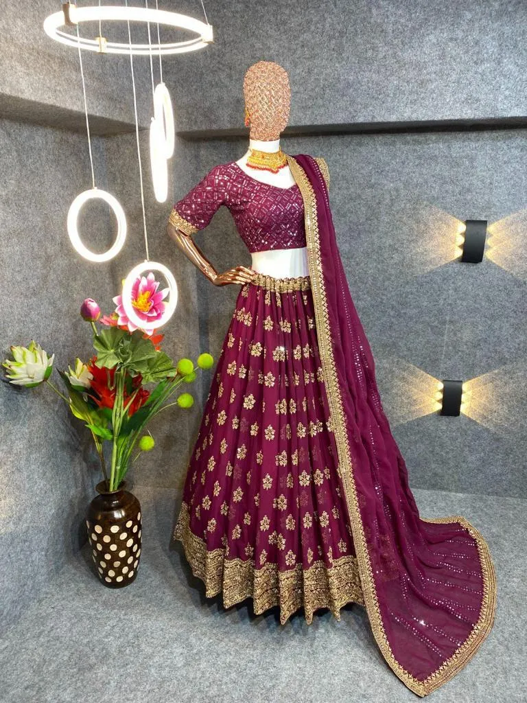 Attractive Wine Colored Faux Georgette Sequins And Embroidery With Multi Needle Work Lehenga Choli For Women