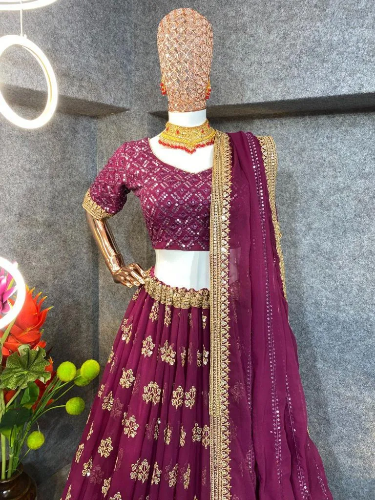 Attractive Wine Colored Faux Georgette Sequins And Embroidery With Multi Needle Work Lehenga Choli For Women