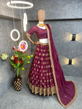 Attractive Wine Colored Faux Georgette Sequins And Embroidery With Multi Needle Work Lehenga Choli For Women