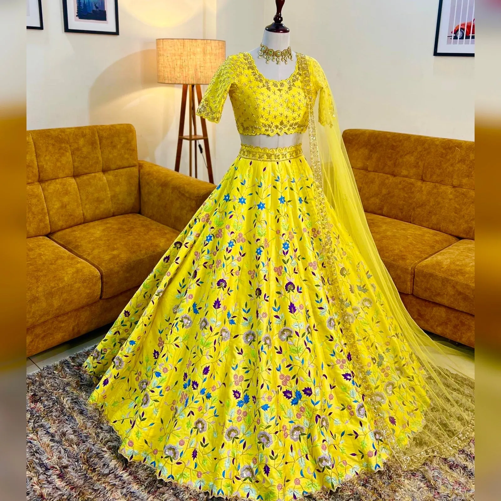 Attractive Yellow Color Malay Satin Silk Flower Embroidered Lehenga Choli