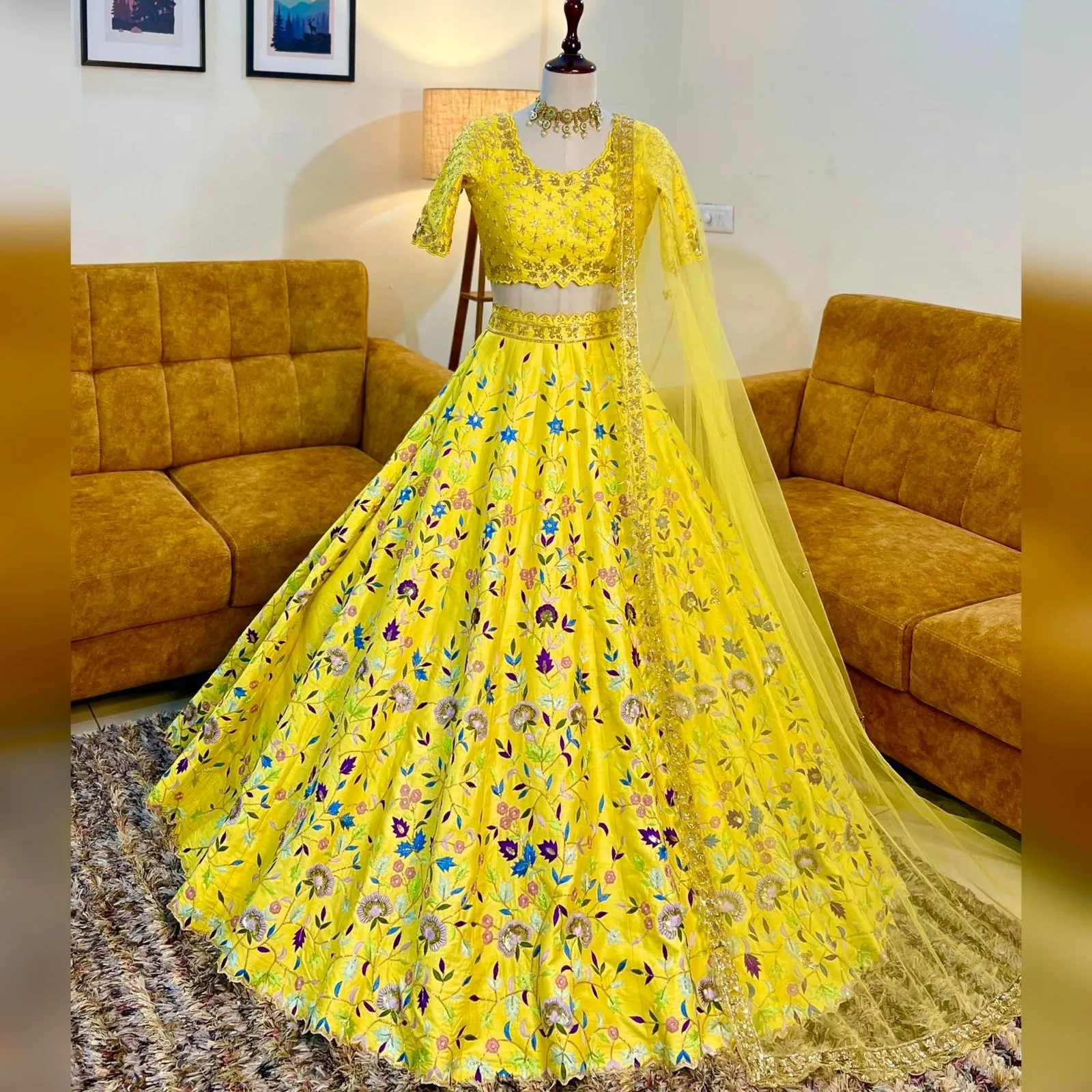 Attractive Yellow Color Malay Satin Silk Flower Embroidered Lehenga Choli