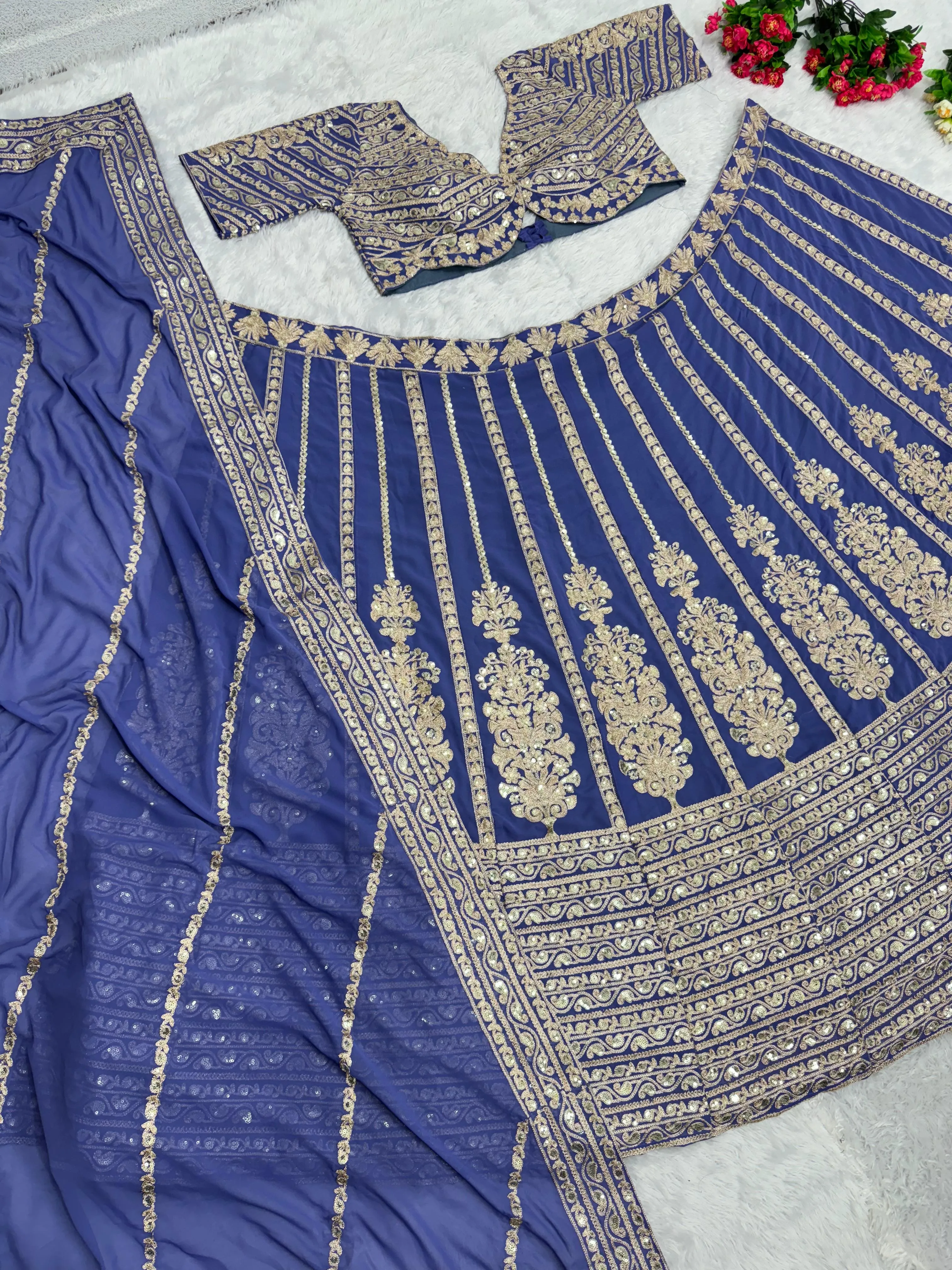 Beautiful Blue Colored Heavy Sequins Work Faux Georgette Lehenga Choli With Full Heavy Sequins Work Dupatta