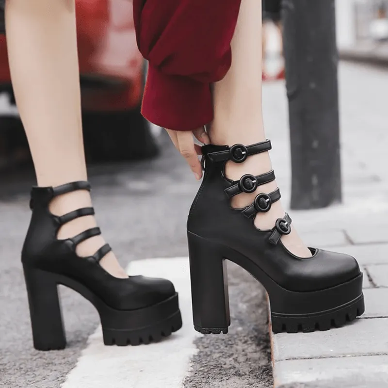 Black 4 Buckle Strap High-Heels Shoes SD00156