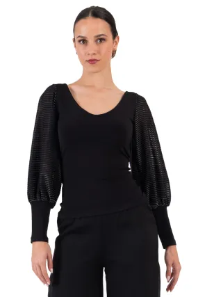 Black Top With Long Lamé Split Sleeves