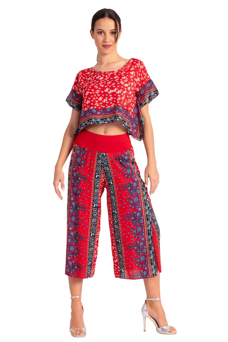 Bright Red Floral Print Boxy Co-ord Crop Top