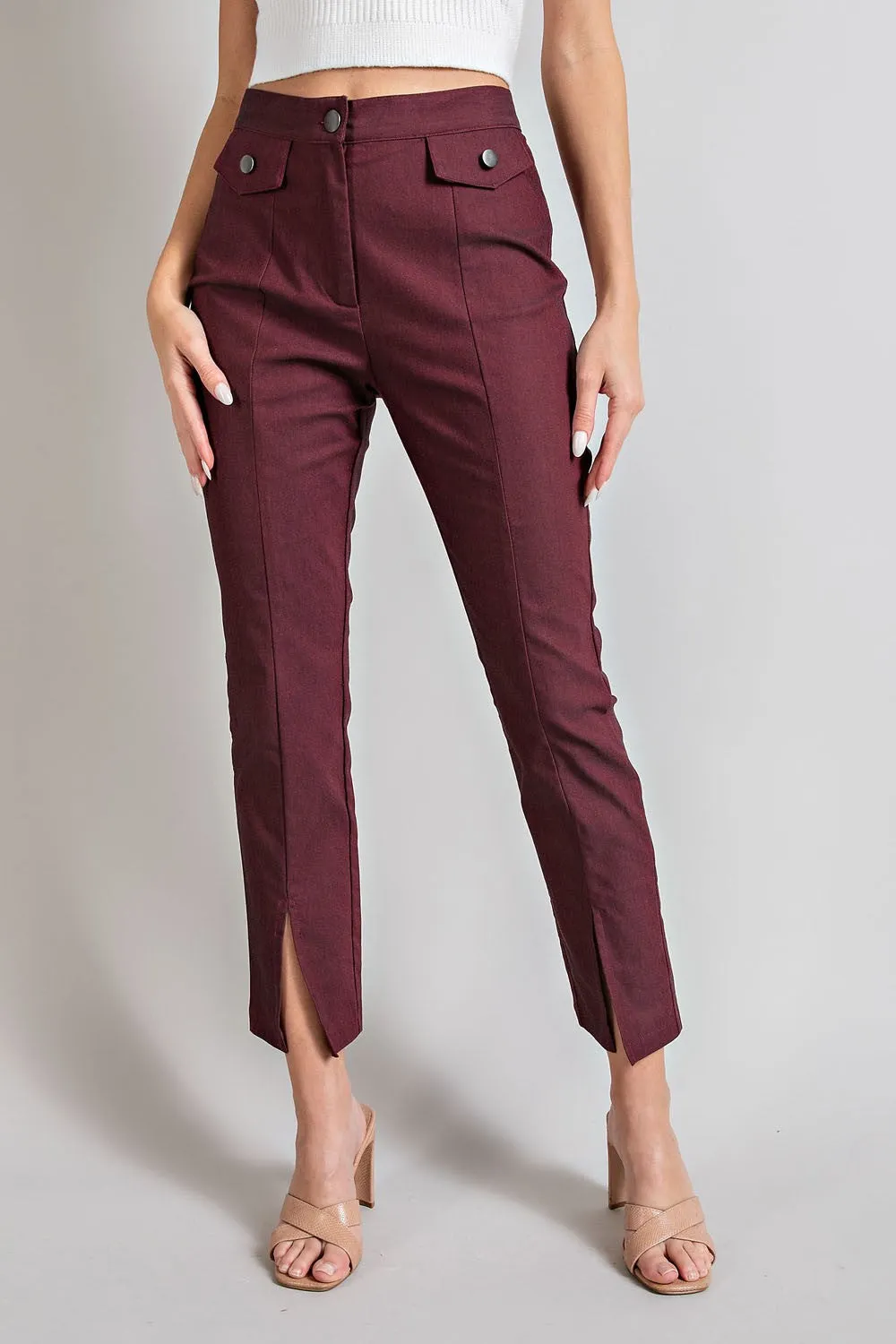 Button Detailed Slit Pants in Merlot