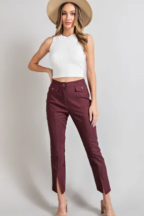 Button Detailed Slit Pants in Merlot