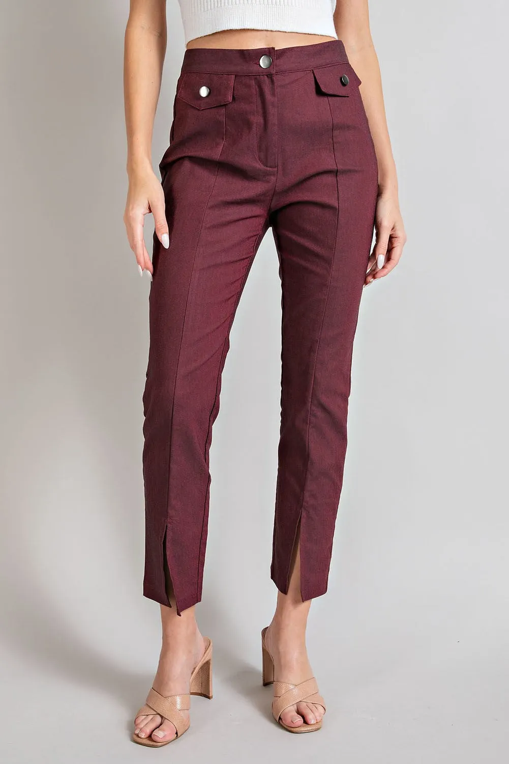 Button Detailed Slit Pants in Merlot