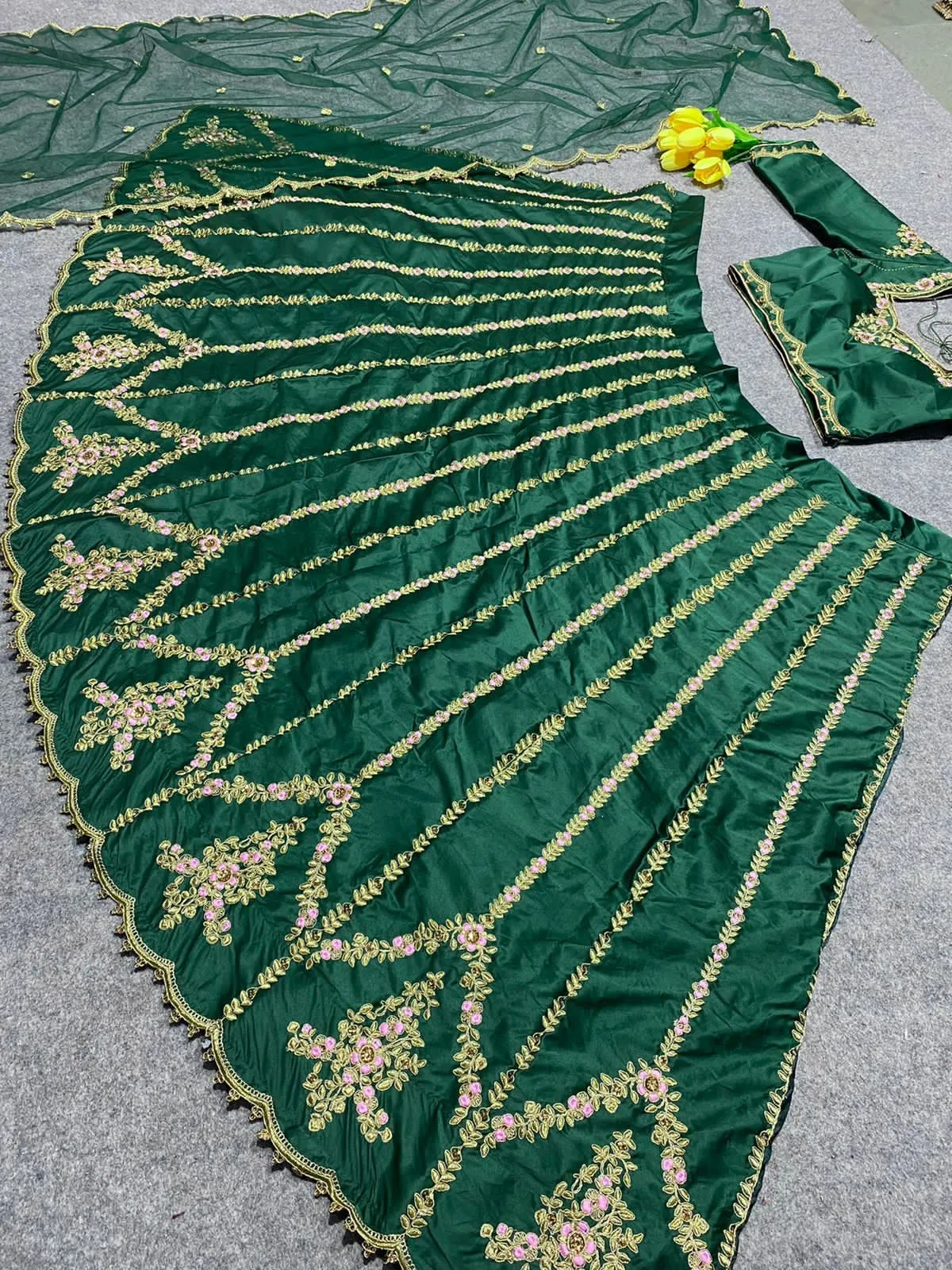 Dark Green Color Embroidery Attractive Party Wear Silk Lehenga Choli