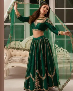 Dark Green Color Embroidery Attractive Party Wear Silk Lehenga Choli