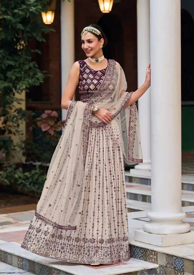 Dazzling Cream Colored Georgette Designer Lehenga Choli For Wedding