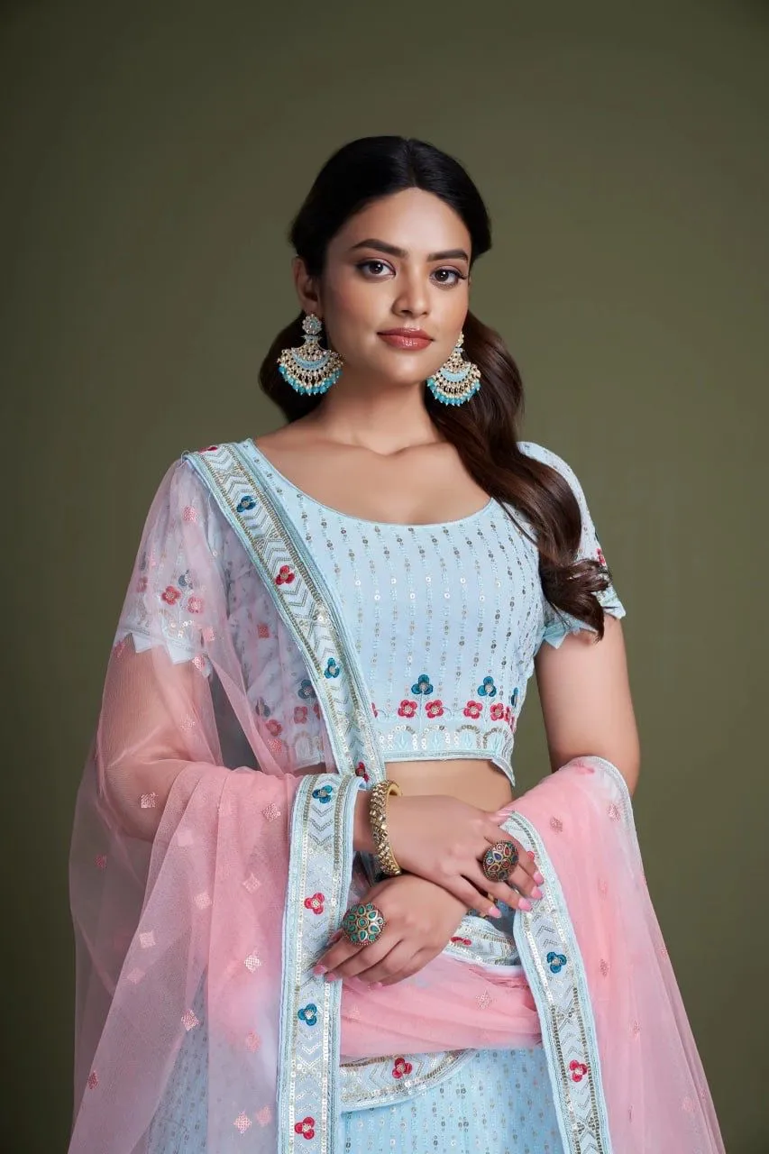 Delightful Sky Blue Georgette Sequins Work Lehenga Choli