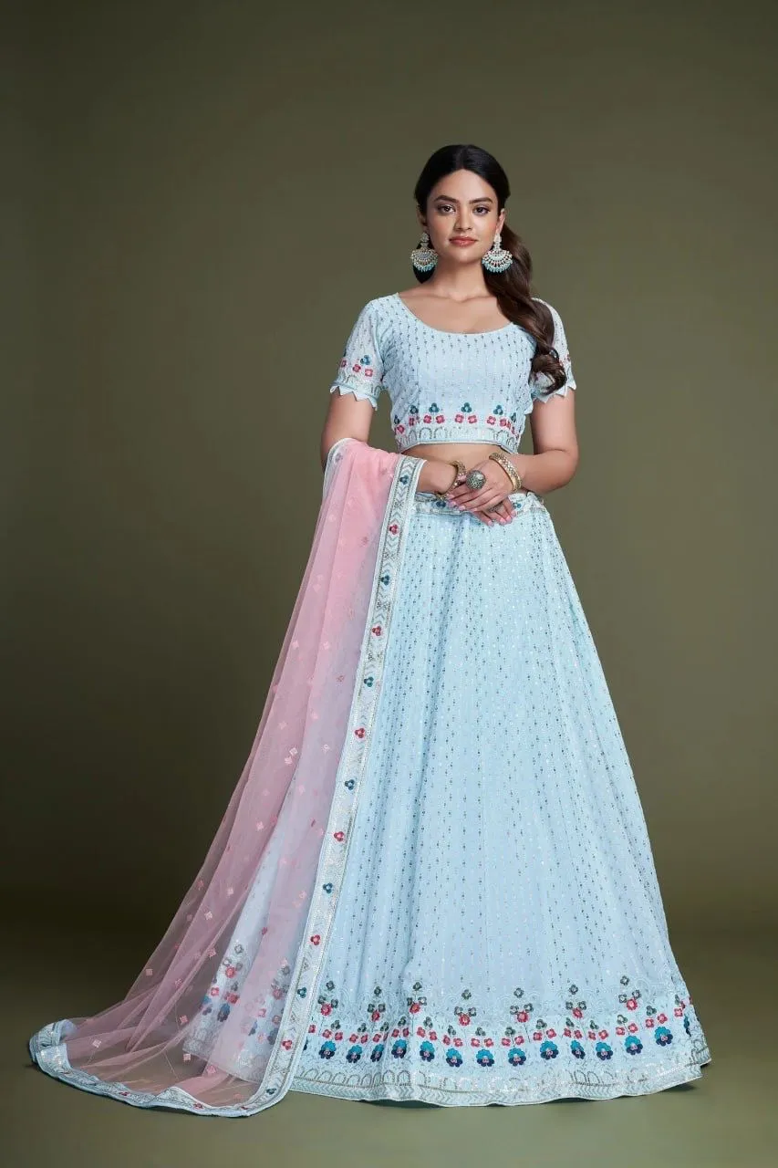 Delightful Sky Blue Georgette Sequins Work Lehenga Choli