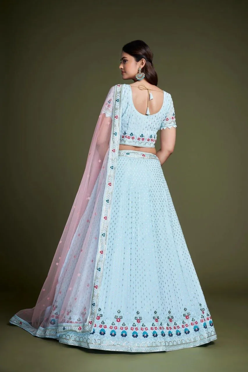 Delightful Sky Blue Georgette Sequins Work Lehenga Choli