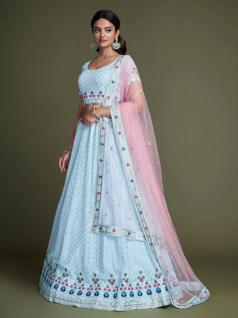 Delightful Sky Blue Georgette Sequins Work Lehenga Choli