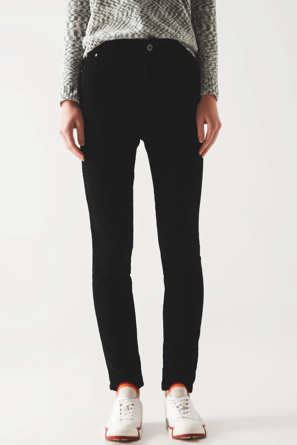 Elastic Cotton Skinny Cord Pants in Black