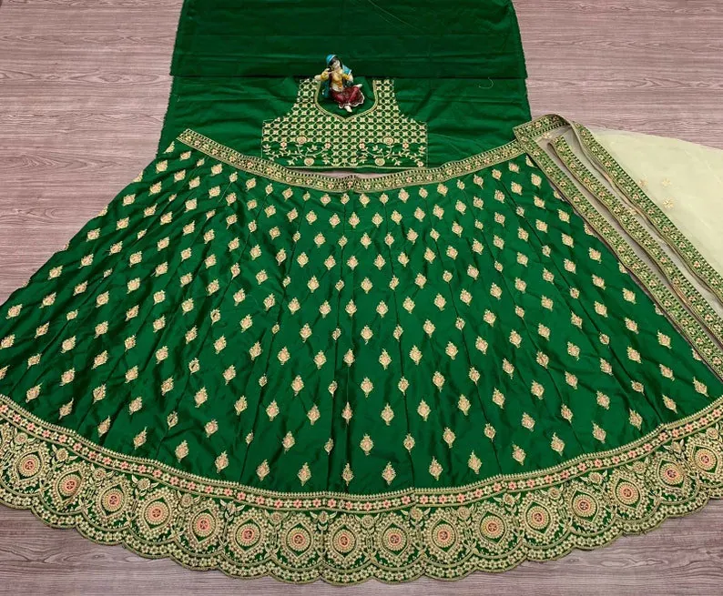 Elegent Green Colored Party Wear Heavy Satin Lehenga Choli With Coding Embroidery Work