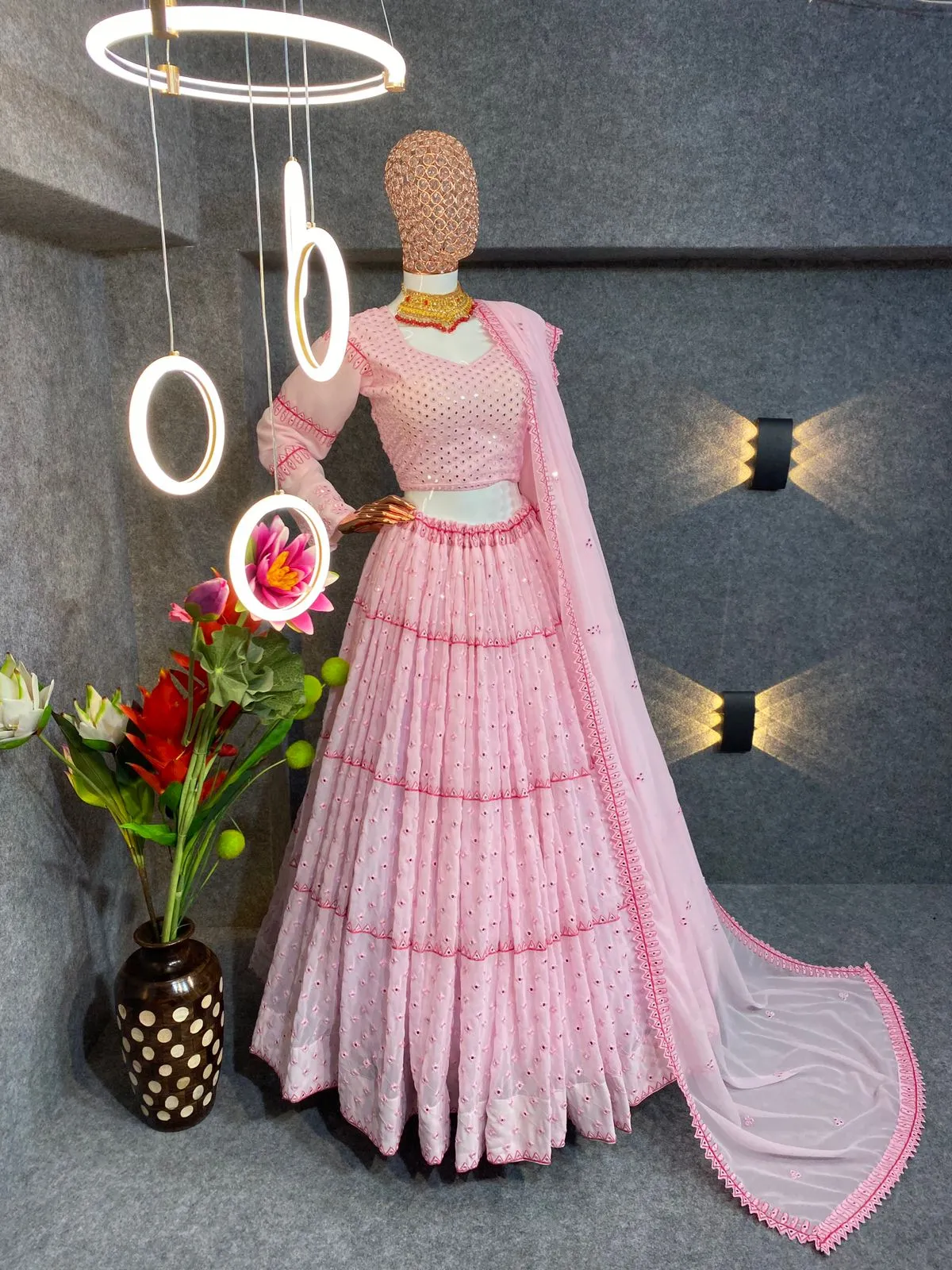 Fabulous Pink Color Embroidery Party Wear Georgette Lehenga choli With Mirror Work