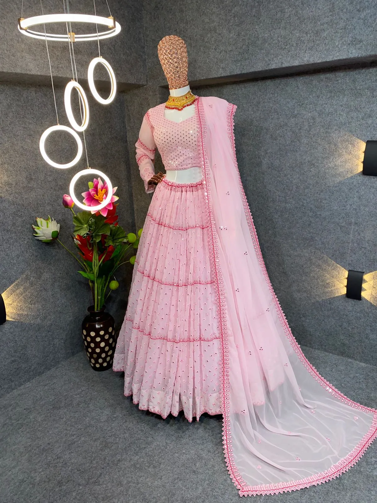 Fabulous Pink Color Embroidery Party Wear Georgette Lehenga choli With Mirror Work