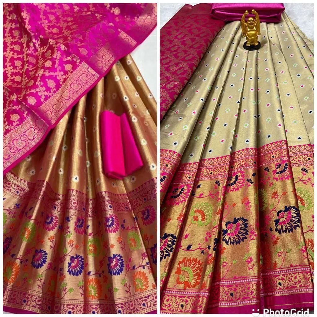 Gorgeous Gold Tissue Kanjeevaram Silk Half Saree Lehenga Choli With Paithani Border