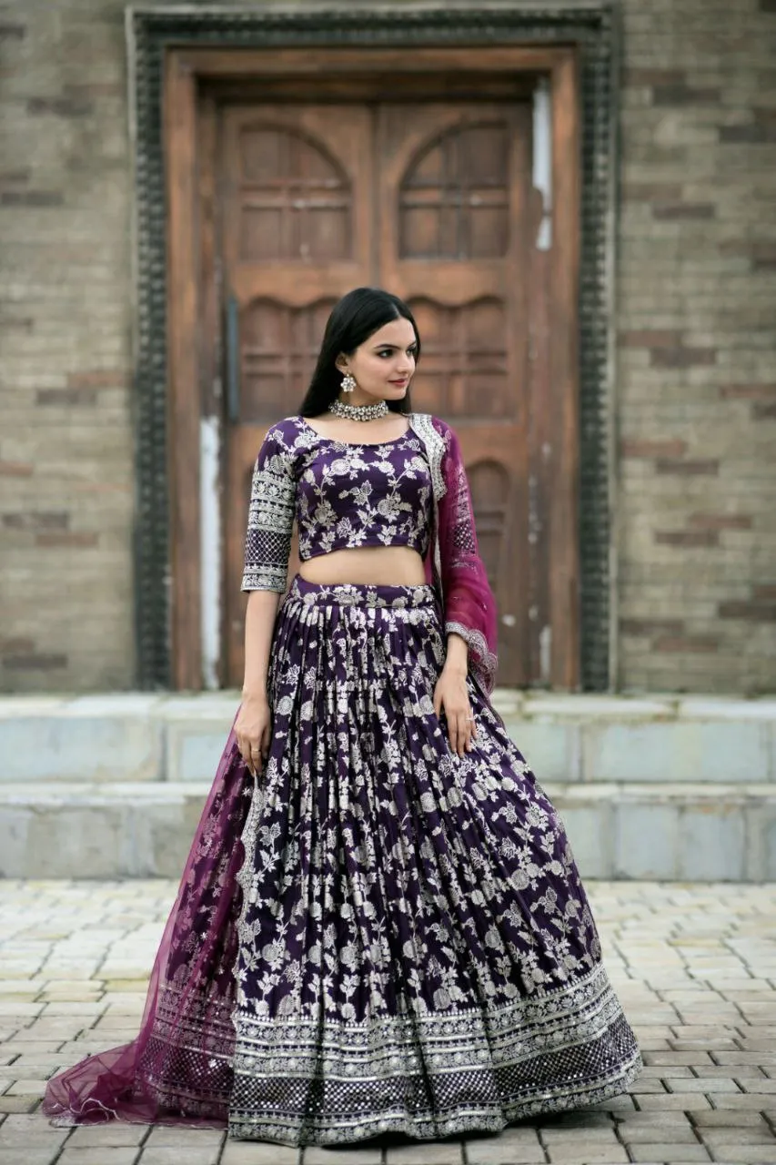 Gorgeous Purple Color Jacquard With Embroidery Sequins Work Lehenga Choli