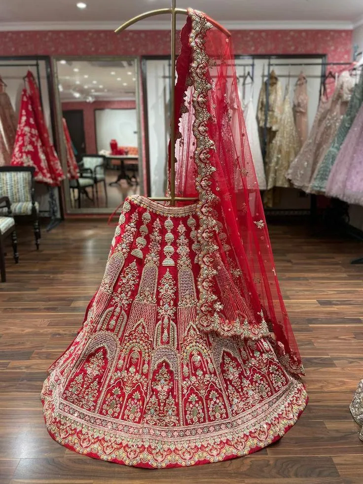 Gorgeous Red Color Satin Bridal Lehenga With Heavy Embroidery Work