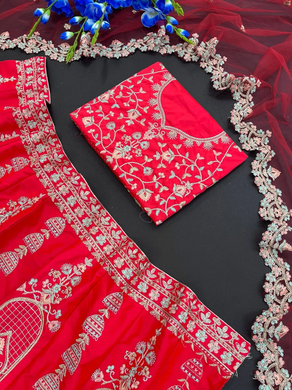 Gorgeous Red Color Satin Bridal Lehenga With Heavy Embroidery Work