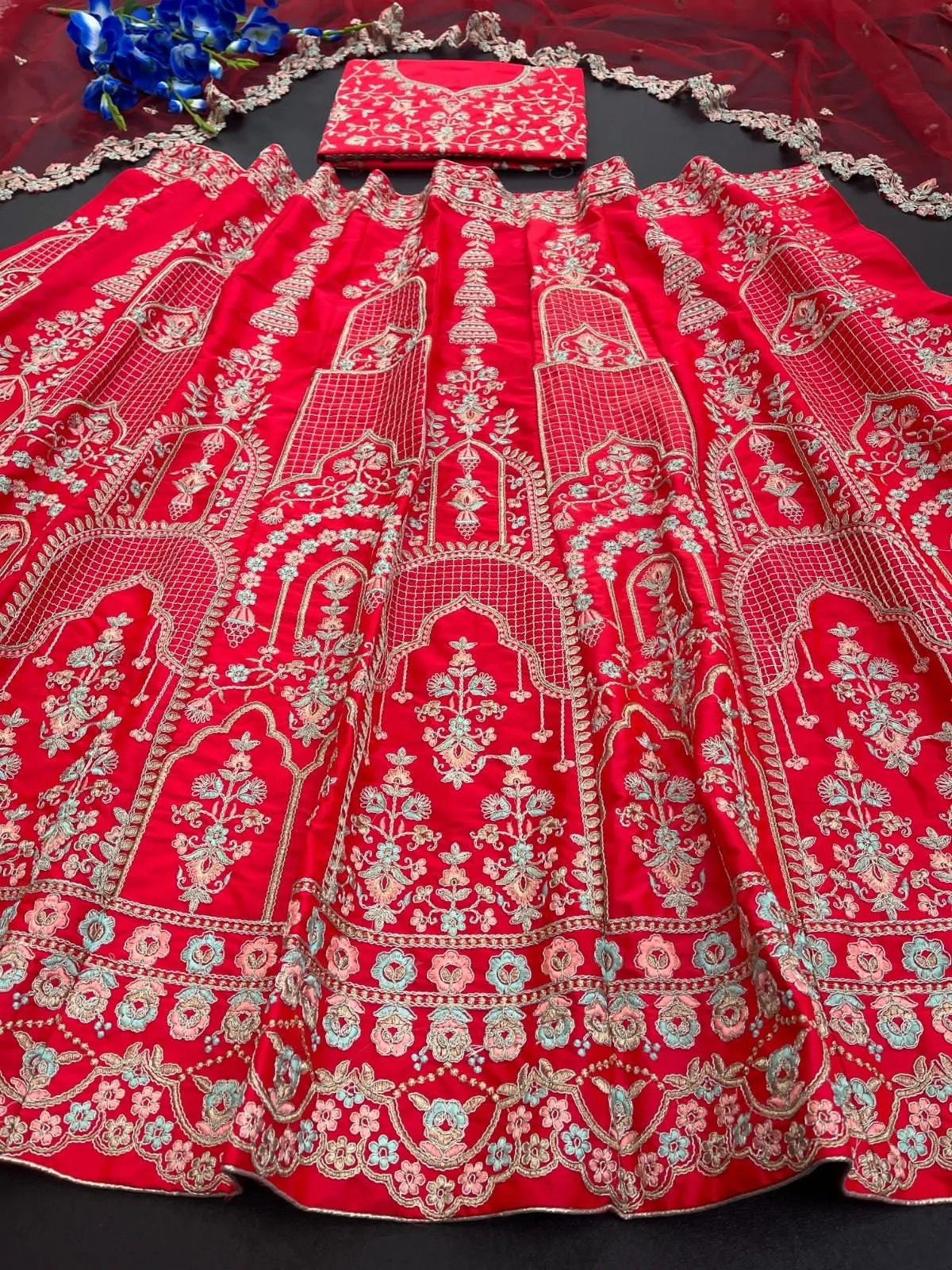 Gorgeous Red Color Satin Bridal Lehenga With Heavy Embroidery Work