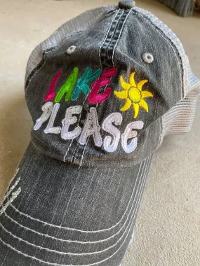 {LAKE PLEASE} Embroidered Distressed Trucker Hat/Cap