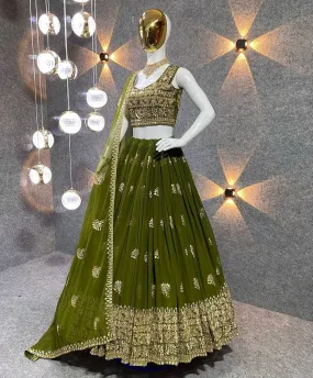 Mehendi Green Color Embroidered Attractive Party Wear Silk Lehenga Choli has a Regular-Fit