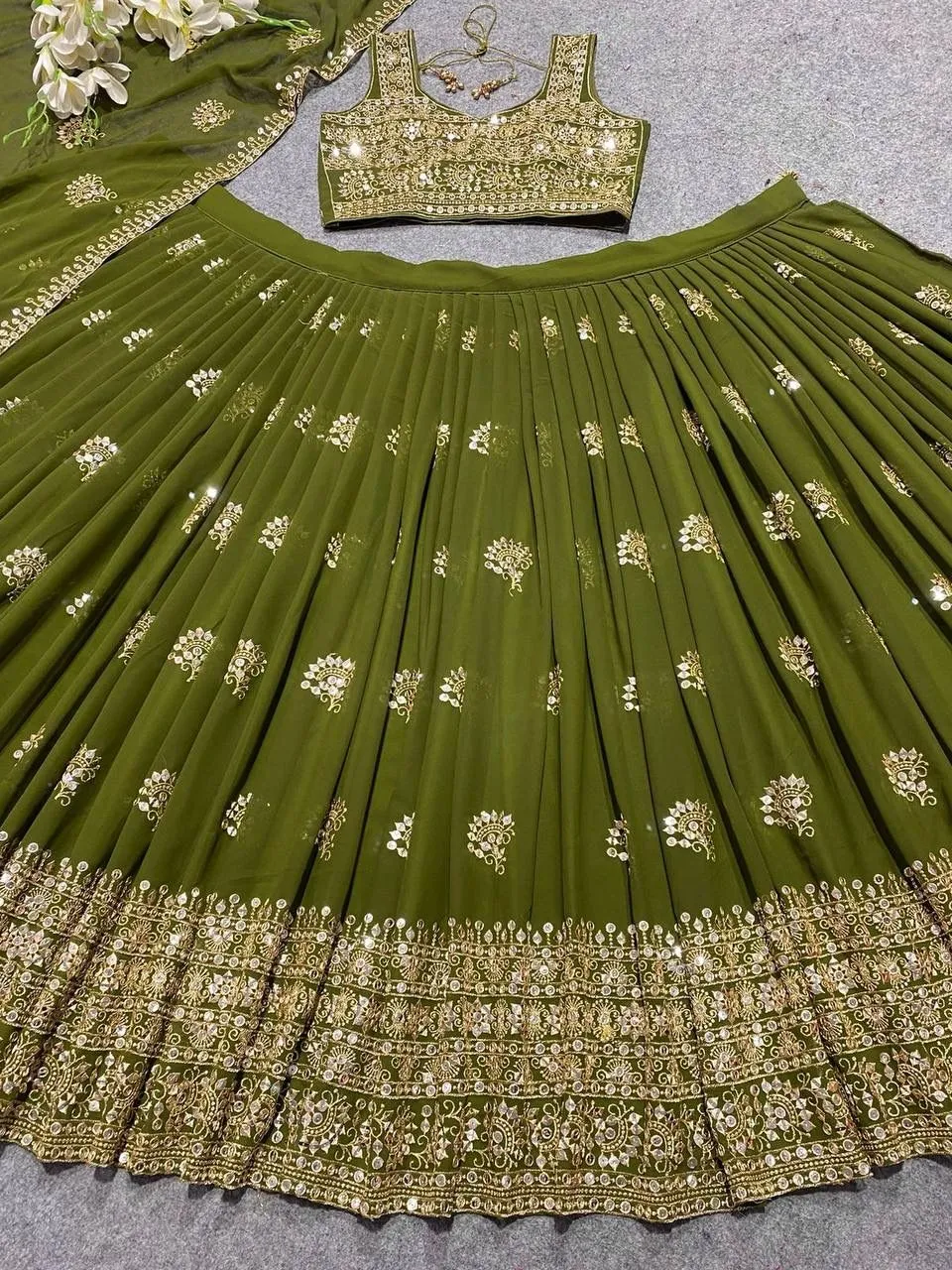 Mehendi Green Color Embroidered Attractive Party Wear Silk Lehenga Choli has a Regular-Fit