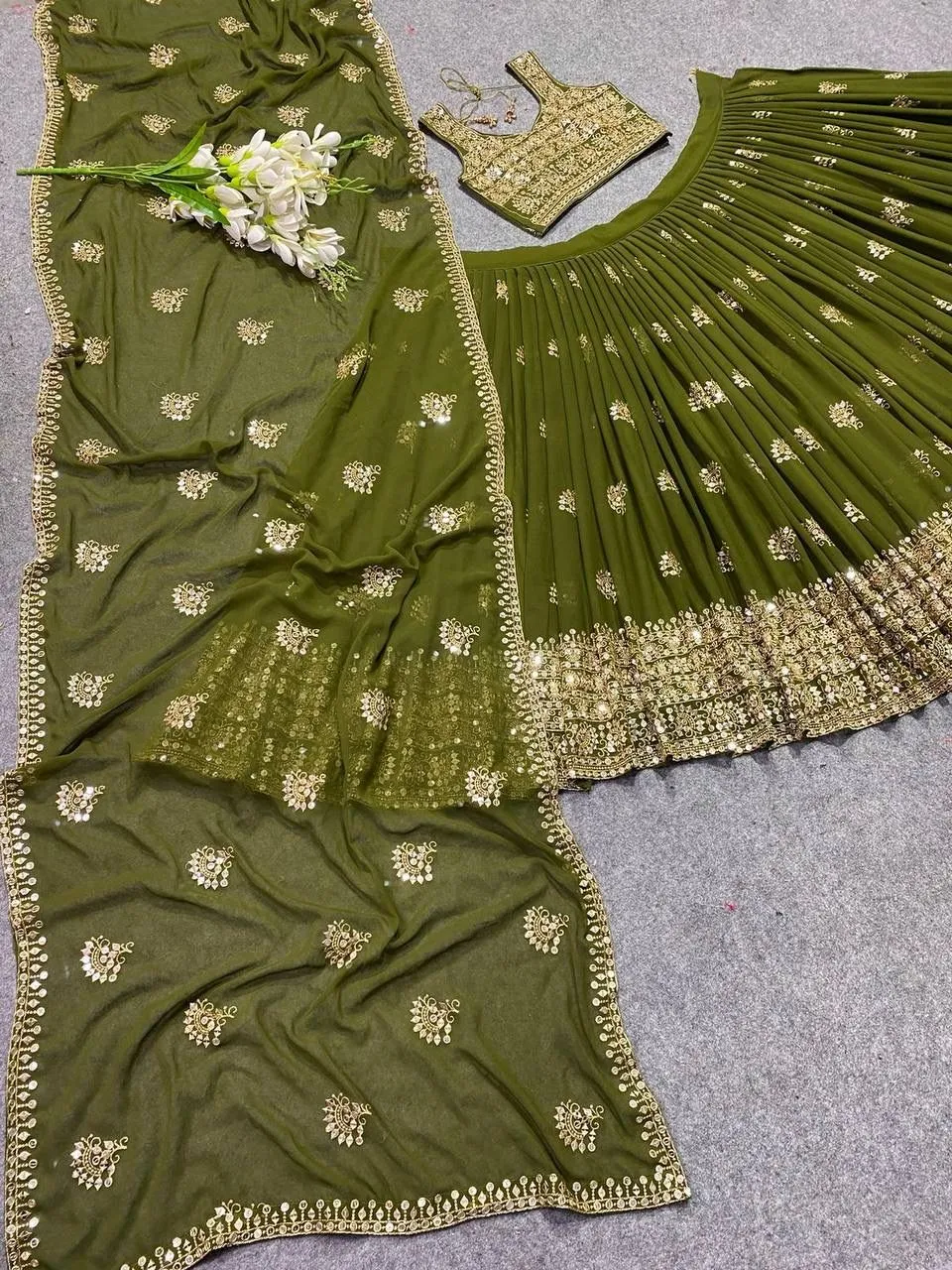 Mehendi Green Color Embroidered Attractive Party Wear Silk Lehenga Choli has a Regular-Fit