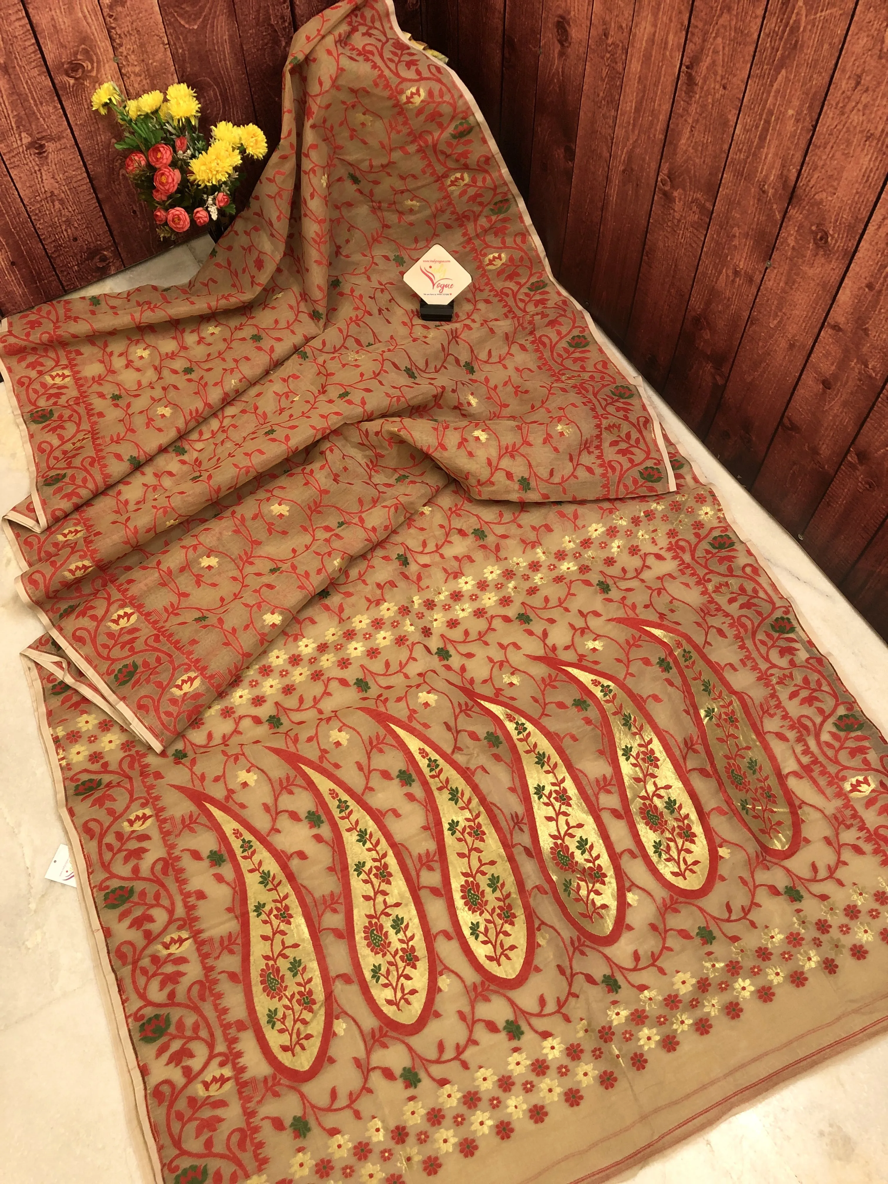 Sandal and Red Color Jamdani Saree