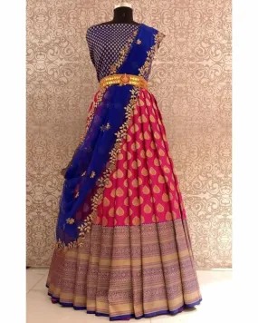 Semi Stitched Beautiful Pink And Blue Pure Kanjeevaram Silk With Zari Border, Jacquard Blouse And Organza Dupatta