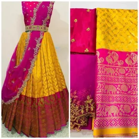 Semi Stitched Yellow And Pink Kanjeevaram Silk With Zari Lehenga